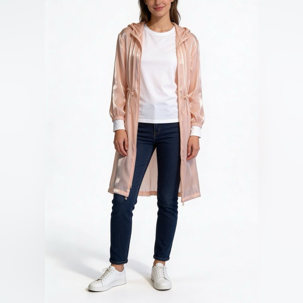 Sheer Shimmer Peach Trench Coat Belted Organza Duster Jacket NWT - Picture 1 of 4